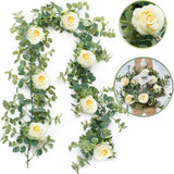 Artificial Eucalyptus Garland with Flowers Champagne Roses Long Fake Flower Garland Eucalyptus Leaves Greenery Garland