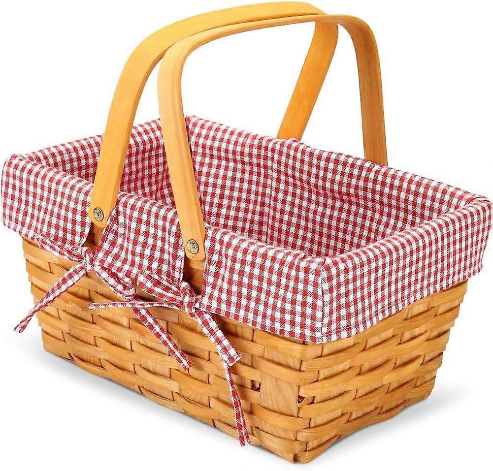 Wood Chip Picnic Basket with Double Folding Handles, Natural Woven Basket, Woven Basket for Gift Wrapping, Small Halloween Basket-Red