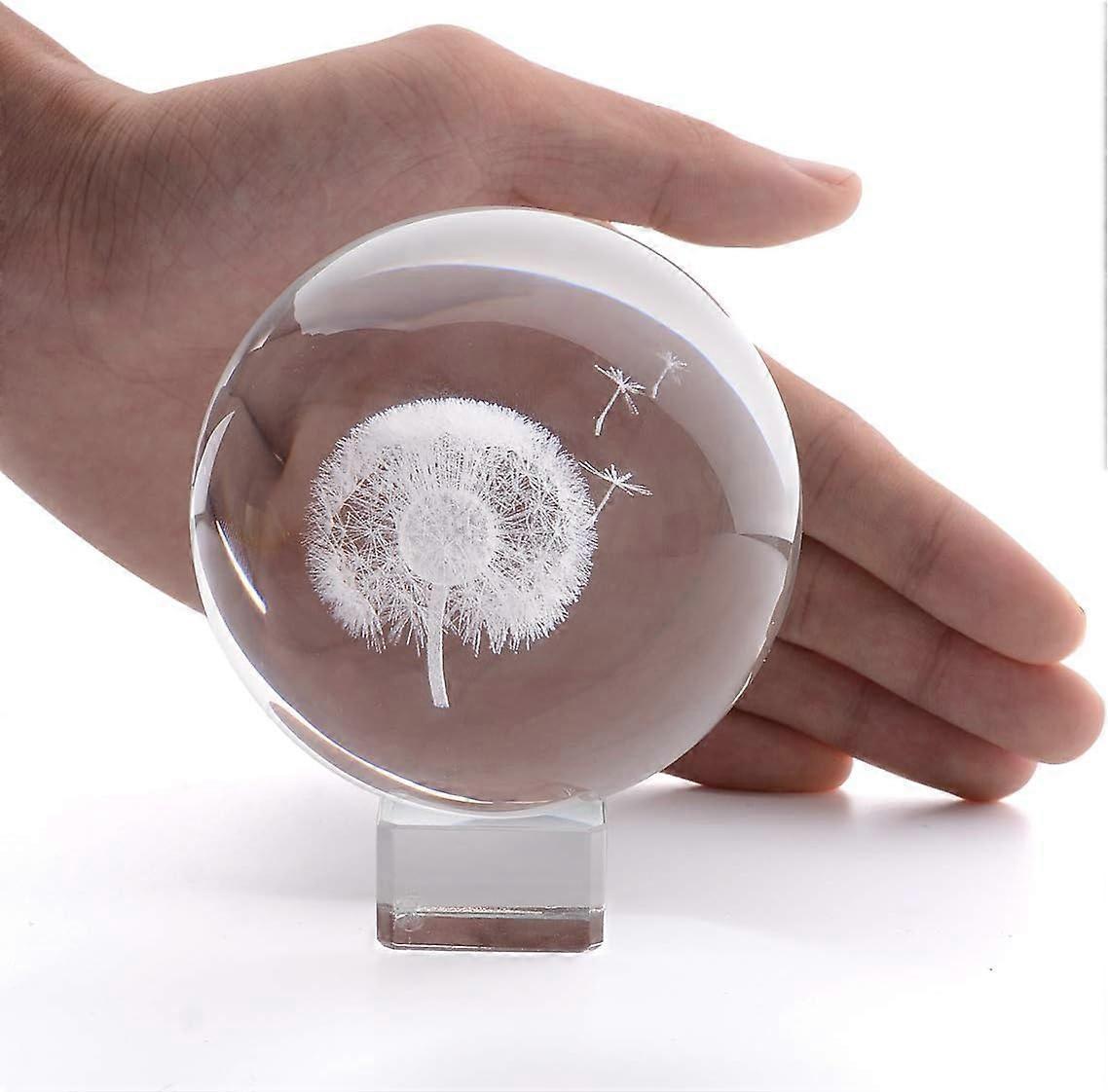 3D Dandelion Crystal Ball PaperweightLaser Engraved Glass Sphere Display Globe Meditation Ball Home Decor with Crystal Stand
