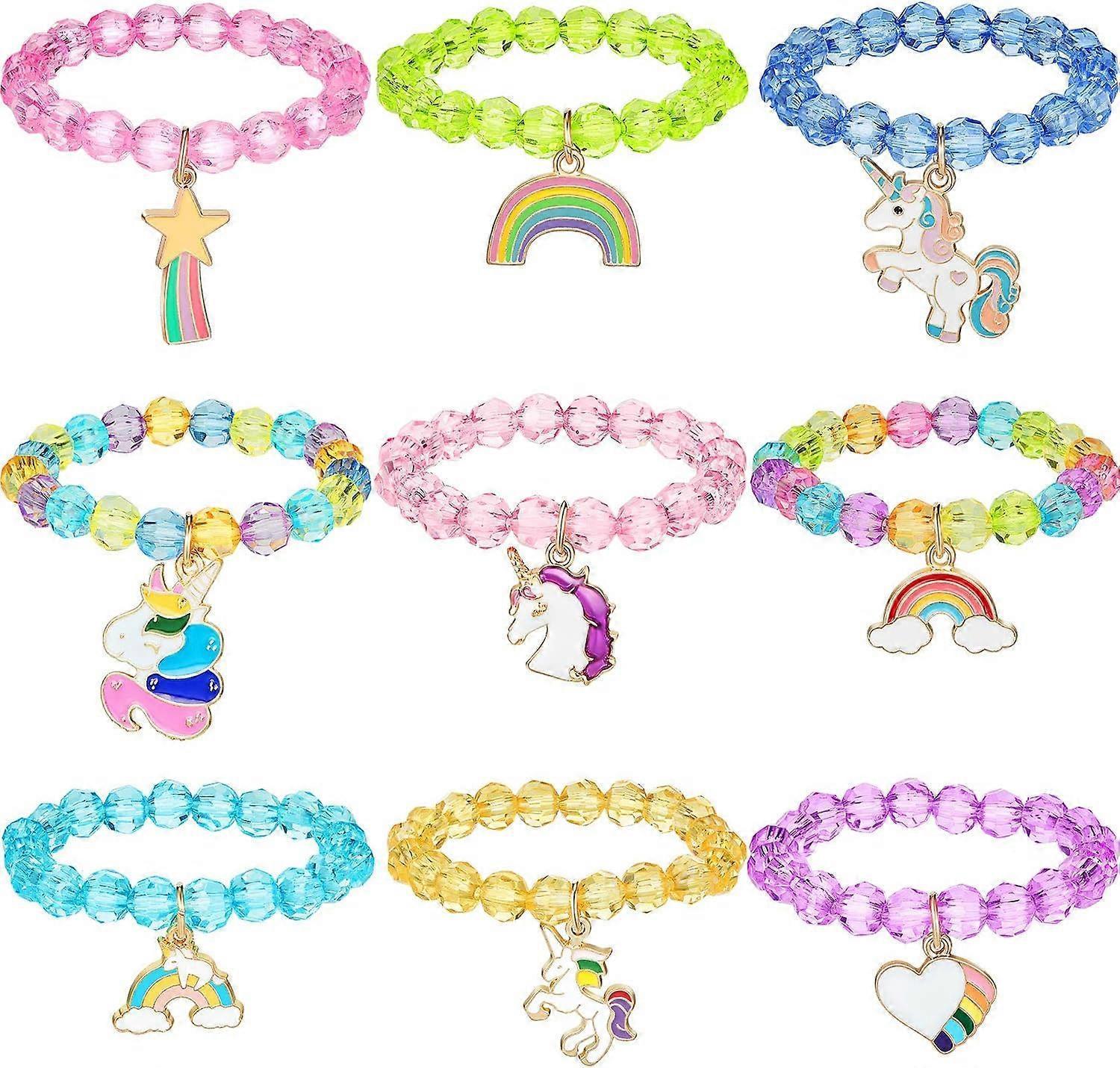 9 Pieces Colorful Unicorn Bracelet Set Rainbow Unicorn Beaded Bracelet Crystal Bracelet for Unicorn Birthday Supplies-Crystal style