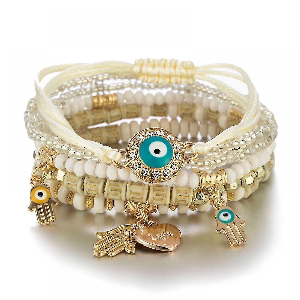 Multicolor beaded stretch bracelet with evil eye charm.