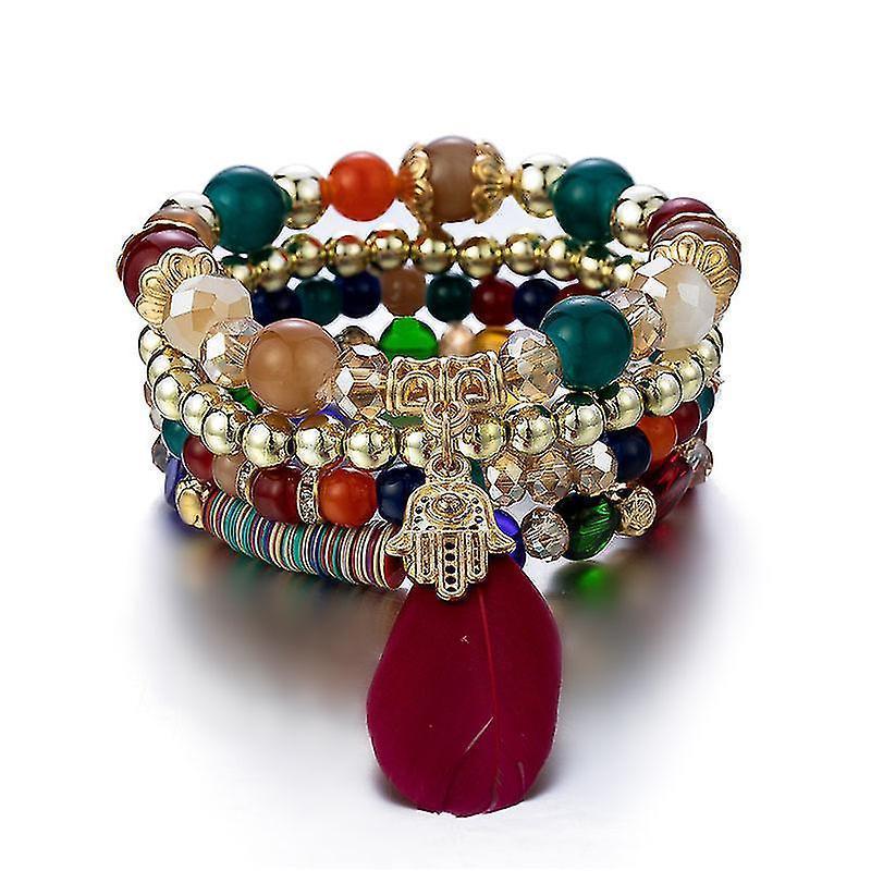 1pcs Bohemian Wood Beads Bracelet , Colorful Crystal Beaded Bracelet, Feather Pendant Multilayer Stretch Bracelet Women's Jewelry