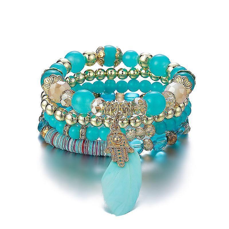 1pcs Bohemian Wood Beads Bracelet , Colorful Crystal Beaded Bracelet, Feather Pendant Multilayer Stretch Bracelet Women's Jewelry