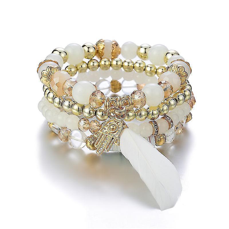 1pcs Bohemian Wood Beads Bracelet , Colorful Crystal Beaded Bracelet, Feather Pendant Multilayer Stretch Bracelet Women's Jewelry