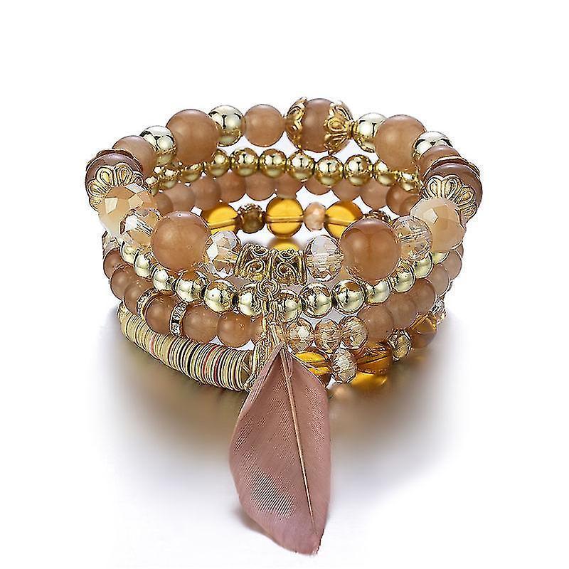 1pcs Bohemian Wood Beads Bracelet , Colorful Crystal Beaded Bracelet, Feather Pendant Multilayer Stretch Bracelet Women's Jewelry