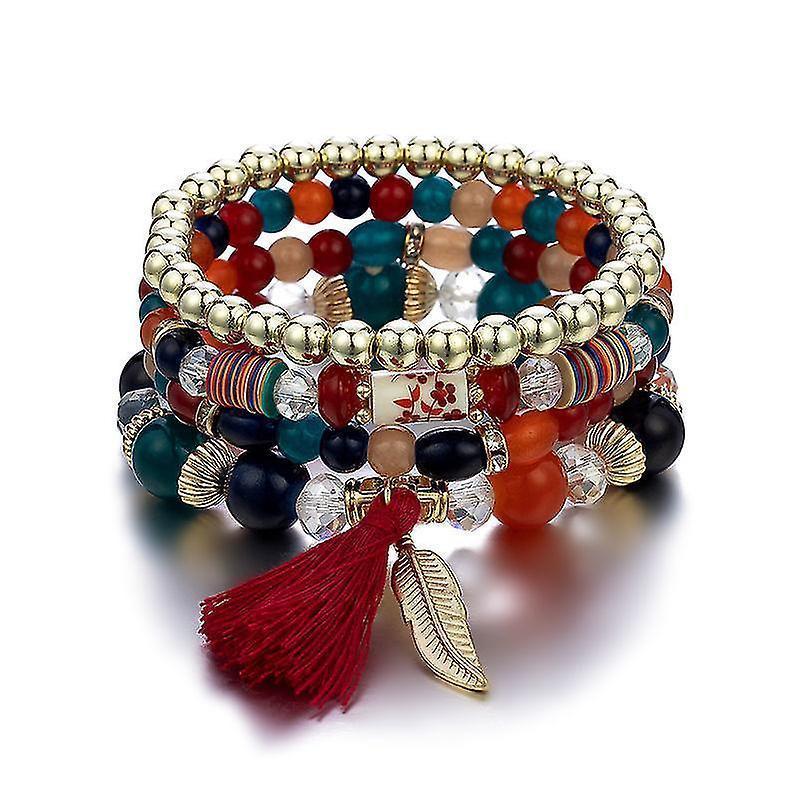 1pcs Bohemian Wood Beads Bracelet, Crystal Beaded Bracelets, Wings Pendant Tassel Multilayer Stretch Jewelry Women's Jewelry