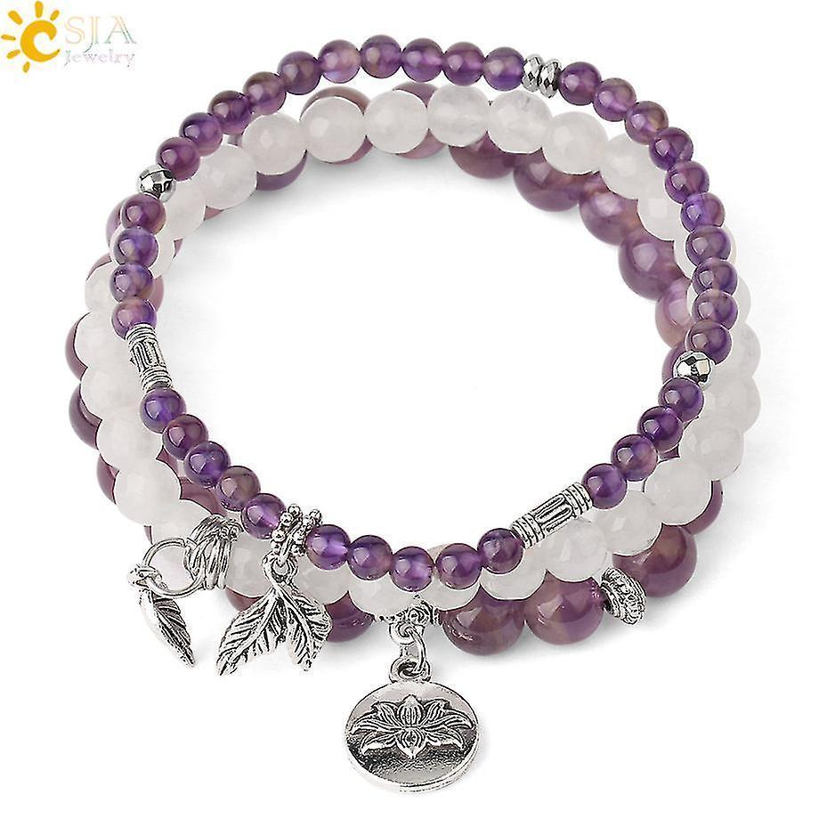 3pcs Amethyst Rose Quartz Crystal Beaded Chakra Bracelet Natural Healing Energy Lotus Charm Beads Stone Reiki Stackable Stretch Bracelets Set