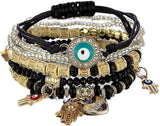 Bohemian Stretch Beads Bracelets Multilayer Evil Eye Hamsa Hand Bracelet Boho Charms Stretch Stackable Bracelet Handmade Multicolor Crystal Beaded