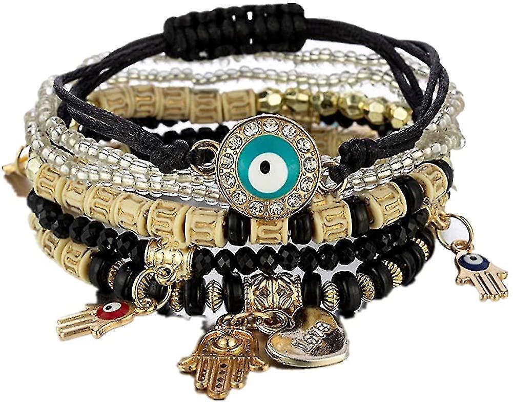 Bohemian Stretch Beads Bracelets Multilayer Evil Eye Hamsa Hand Bracelet Boho Charms Stretch Stackable Bracelet Handmade Multicolor Crystal Beaded