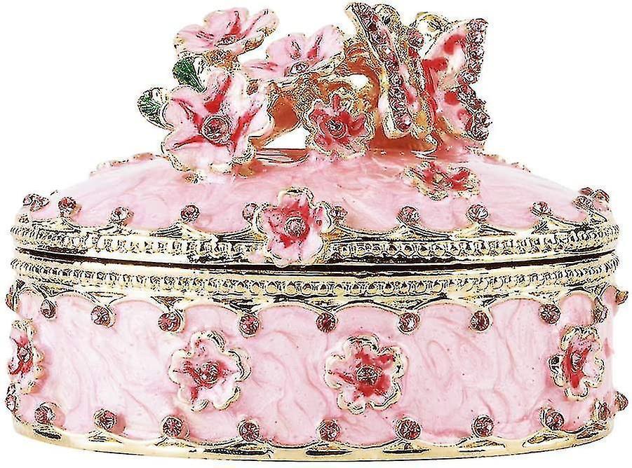 Crystal Trinket Jewelry Boxes Hinged,hand-painted Pink Flower Butterfly Pattern Jeweled Box For Girls