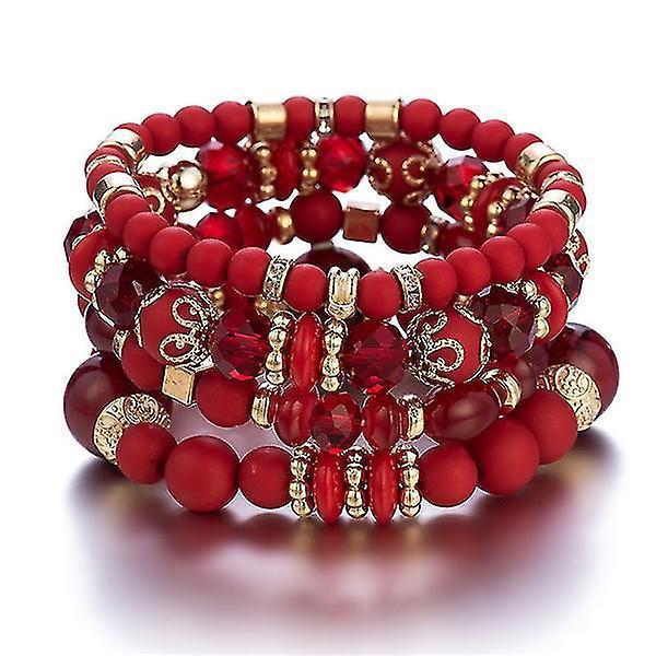 Ethnic Style Multi-layered Bracelet Crystal Beaded Ladies Hand Jewelry Red