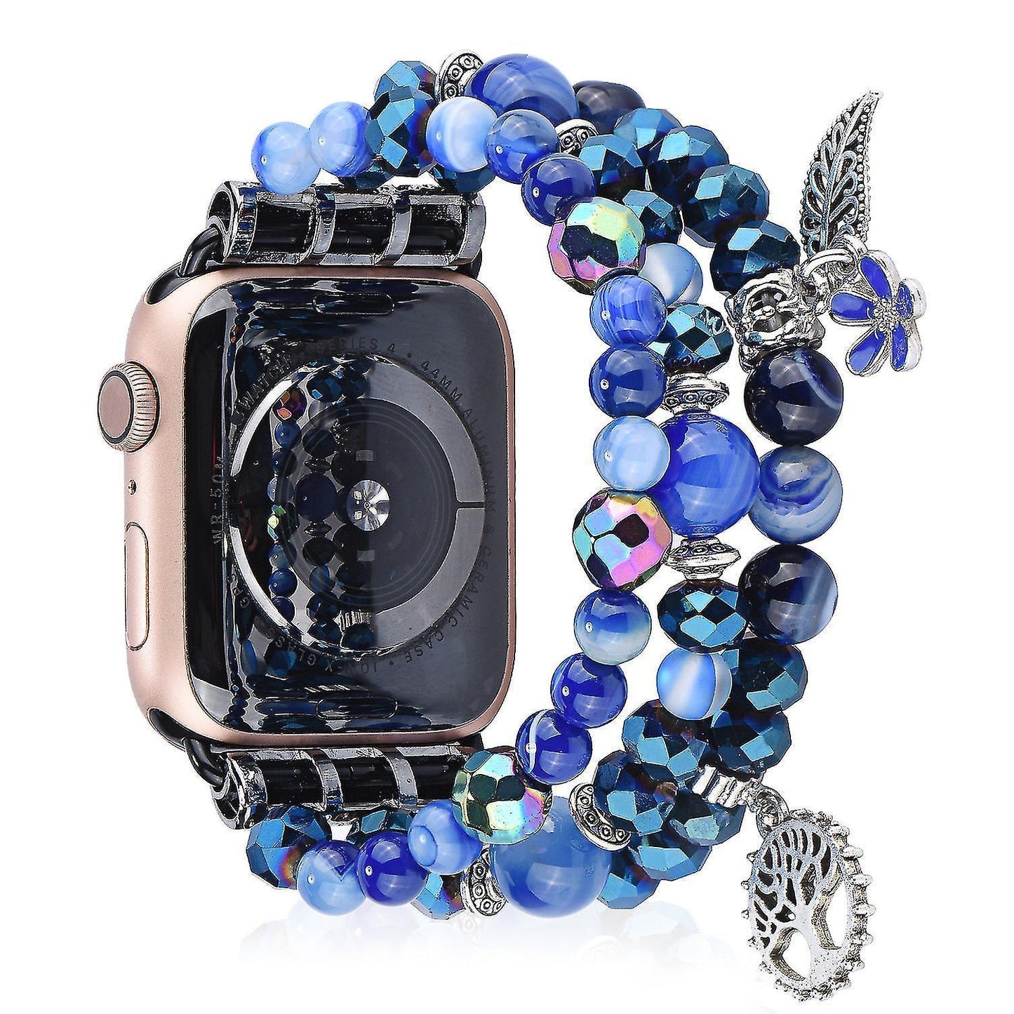 Fashion Iwatch Blue Crystal Beaded Bracelet Watchband Strap With Life Tree And Leaf Pendant For Apple Watch Series 7 45mm / 4/5/6/se 44mm / 1/2/3 42mm