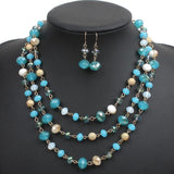 Multi Layer Crystal And Glass Beads Necklace And Crystal Earrings Crystal Jewelry Set - Blue