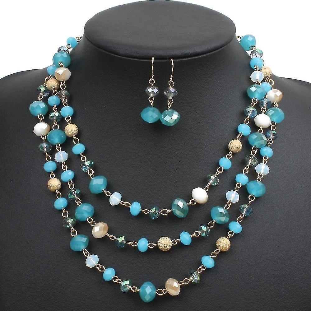 Multi Layer Crystal And Glass Beads Necklace And Crystal Earrings Crystal Jewelry Set - Blue