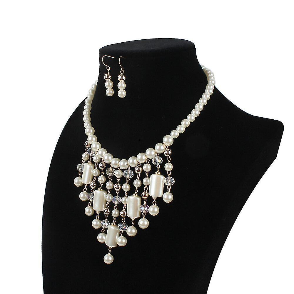 Waterfall Style Pearl Chain And Crystal Resin Beads Statement Necklace Pearl Earrings Pearl Jewelry Set