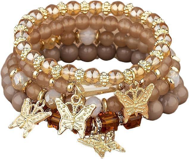 4pcs Set Bohemian Butterfly Crystal Stone Stretch Pendant Bracelets For Women Girls Gold Beaded Stackable Stretch Bracelet Colorful Charm Jewelry