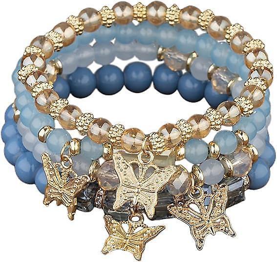 4pcs Set Bohemian Butterfly Crystal Stone Stretch Pendant Bracelets For Women Girls Gold Beaded Stackable Stretch Bracelet Colorful Charm Jewelry