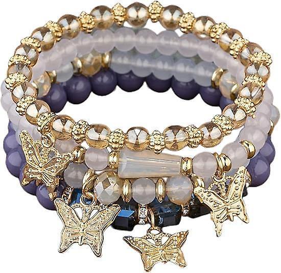 4pcs Set Bohemian Butterfly Crystal Stone Stretch Pendant Bracelets For Women Girls Gold Beaded Stackable Stretch Bracelet Colorful Charm Jewelry