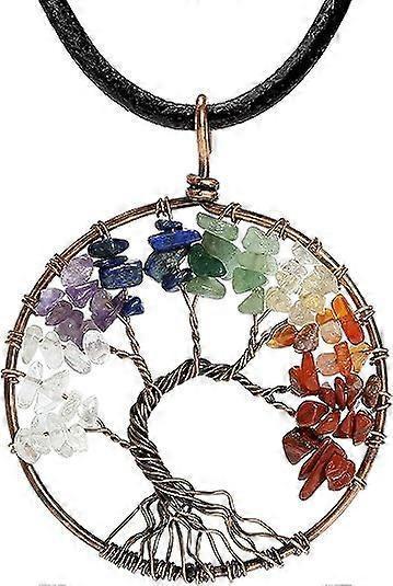 7 Chakra Gemstone Healing Crystals Necklace Copper Wire Wrapped Natural Gemstone Necklace Unisex Hippie Leather Necklace Choker