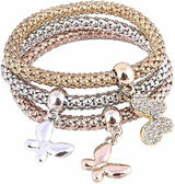 Crystal Charms Multilayer Bracelets - 3pcs Gold/silver/rose Gold Corn Chain Bracelet For Women, Tree Of Life Heart Shaped Stretch Bracelet