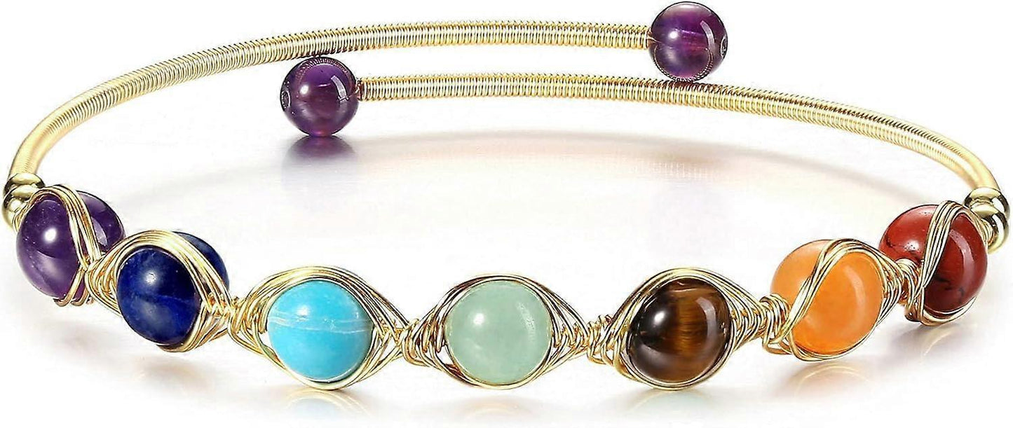 Heyone7 Chakra Crystal Yoga Meditation Bracelets for Women Girls 14K Gold Wire Wrapped Healing Crystals Stone Bracelet Adjustable Gemstones Bead Cuff
