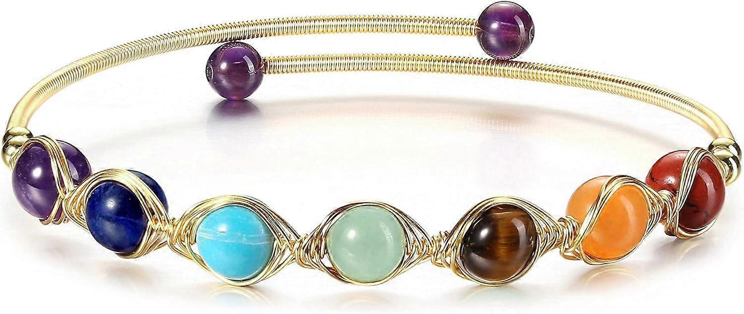Heyone7 Chakra Crystal Yoga Meditation Bracelets for Women Girls 14K Gold Wire Wrapped Healing Crystals Stone Bracelet Adjustable Gemstones Bead Cuff