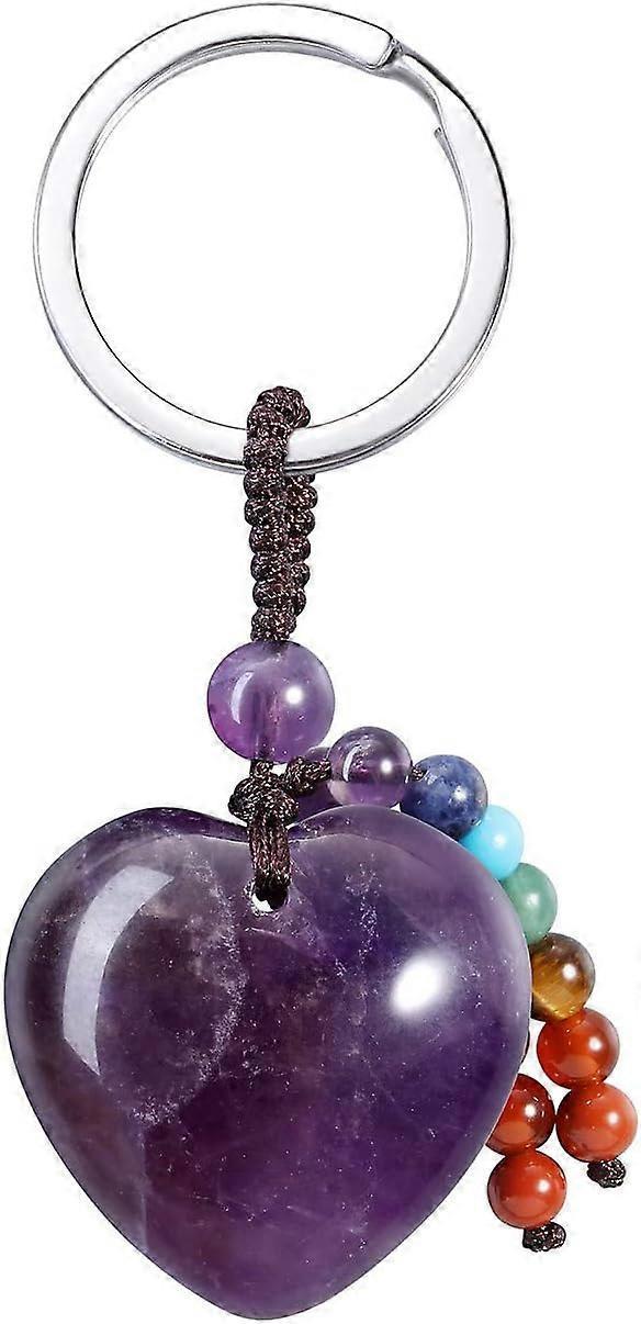 Natural Amethyst Heart Crystal Keychain 7 Chakra Healing Gemstone Key Ring Charm for Women