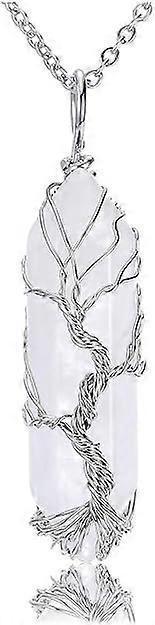 Natural Healing Crystal Stone Necklace Silver Tree Of Life Wire Wrapped Hexagonal Crystal Points Pendant Necklace for Women