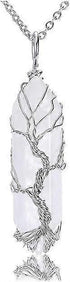 Natural Healing Crystal Stone Necklace Silver Tree Of Life Wire Wrapped Hexagonal Crystal Points Pendant Necklace for Women