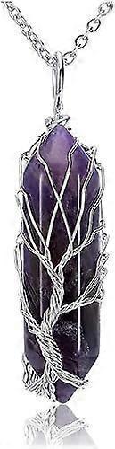 Natural Healing Crystal Stone Necklace Silver Tree Of Life Wire Wrapped Hexagonal Crystal Points Pendant Necklace for Women