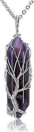 Natural Healing Crystal Stone Necklace Silver Tree Of Life Wire Wrapped Hexagonal Crystal Points Pendant Necklace for Women