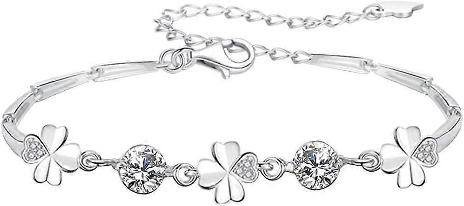 Silver Bracelet for Women,Four-Leaf Clover Bracelet Shiny Crystal Diamond Adjustable Bracelet Mother's Day Jewelry Gift Birthday Christmas Gifts for Women