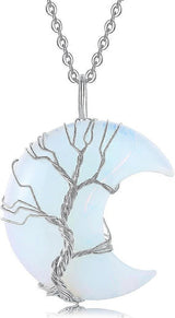 Tree of Life Wire Wrapped Crescent Moon Pendant Necklace Reiki Healing Crystal Stone Necklaces Natural Gemstone Quartz Jewelry for Women