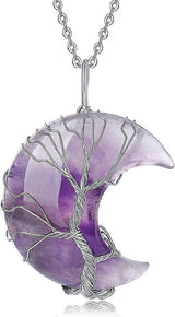 Tree of Life Wire Wrapped Crescent Moon Pendant Necklace Reiki Healing Crystal Stone Necklaces Natural Gemstone Quartz Jewelry for Women
