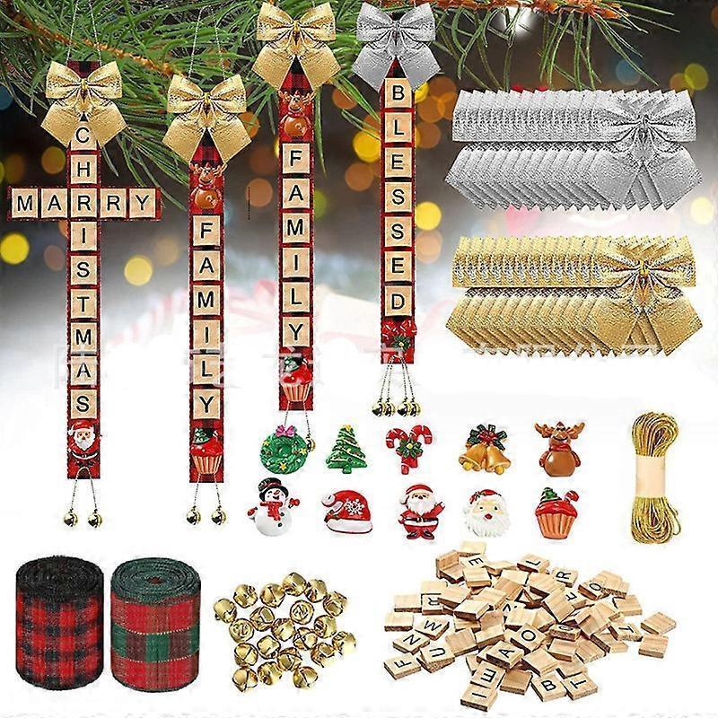 DIY Letter Christmas Tree Decorations Letter Tiles Christmas Decor Wooden Words Christmas Ornament with Linen Bells Bow Hanging Capital Letter Christmas