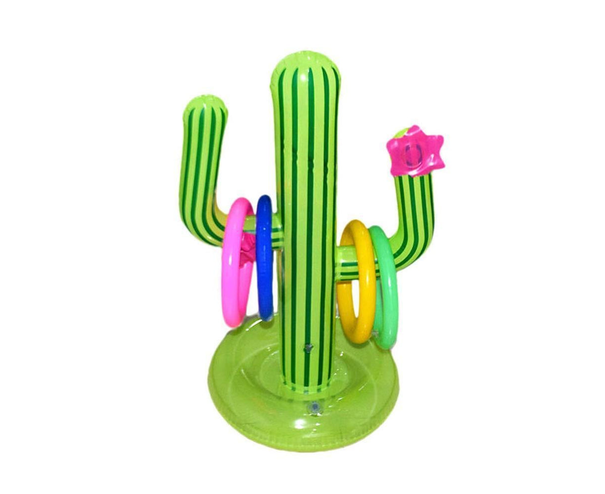 Inflatable Cactus Ring Toss Game Set Target Toss Floating Swimming Ring Toss Includes Inflatable Cactus, 4 Color Rings