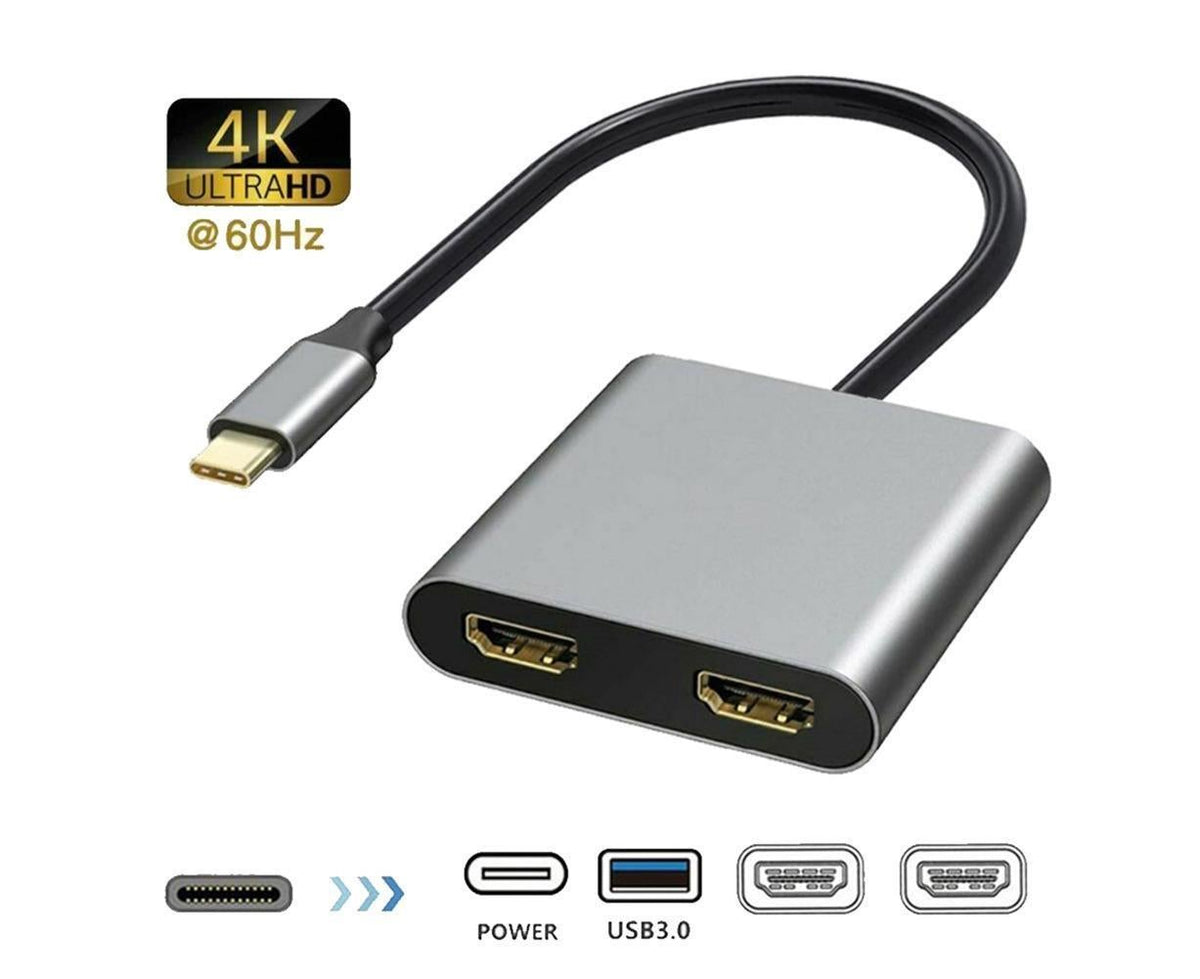 4 in1 Type C to Dual HDMI-compatible USB 3.0 4K Display Adapter Converter for MacBook Pro - Grey