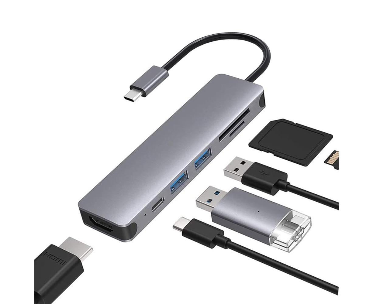 6 in 1 USB 4K HDMI-compatible Multiport Card Reader Hub for MacBook Laptop Type C Devices - Silver
