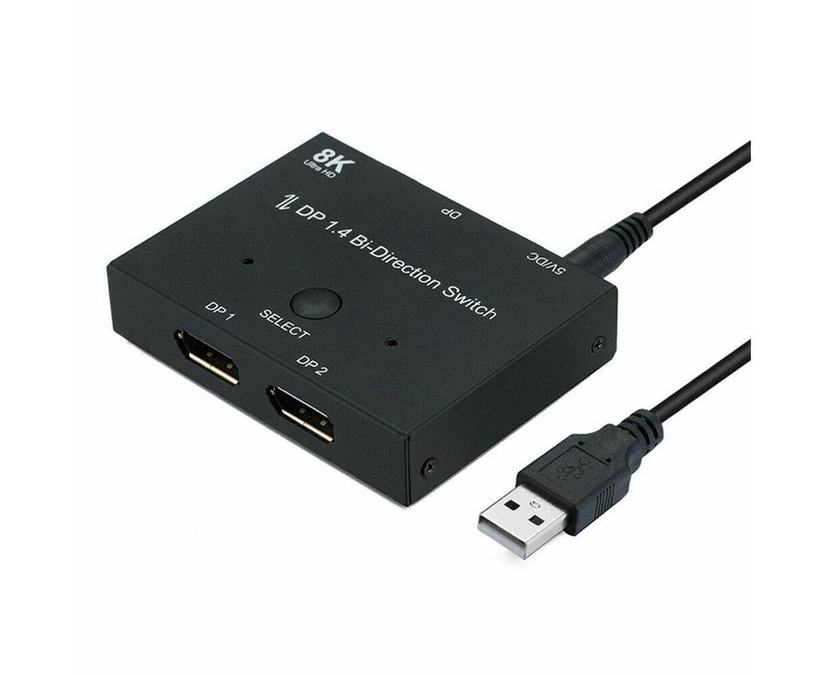 8K DP 1 In 2 Out Displayport Splitter Switch for HDTV Graphics Card Computer - Black