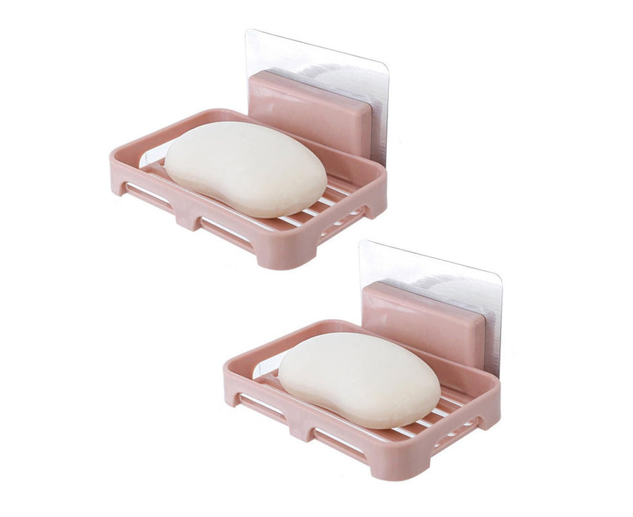 2Pcs/Set Soap Box No Drilling Easy to Install Ventilated Drained Wall Mounted Shower Soap Holder for Bathroom-Pink