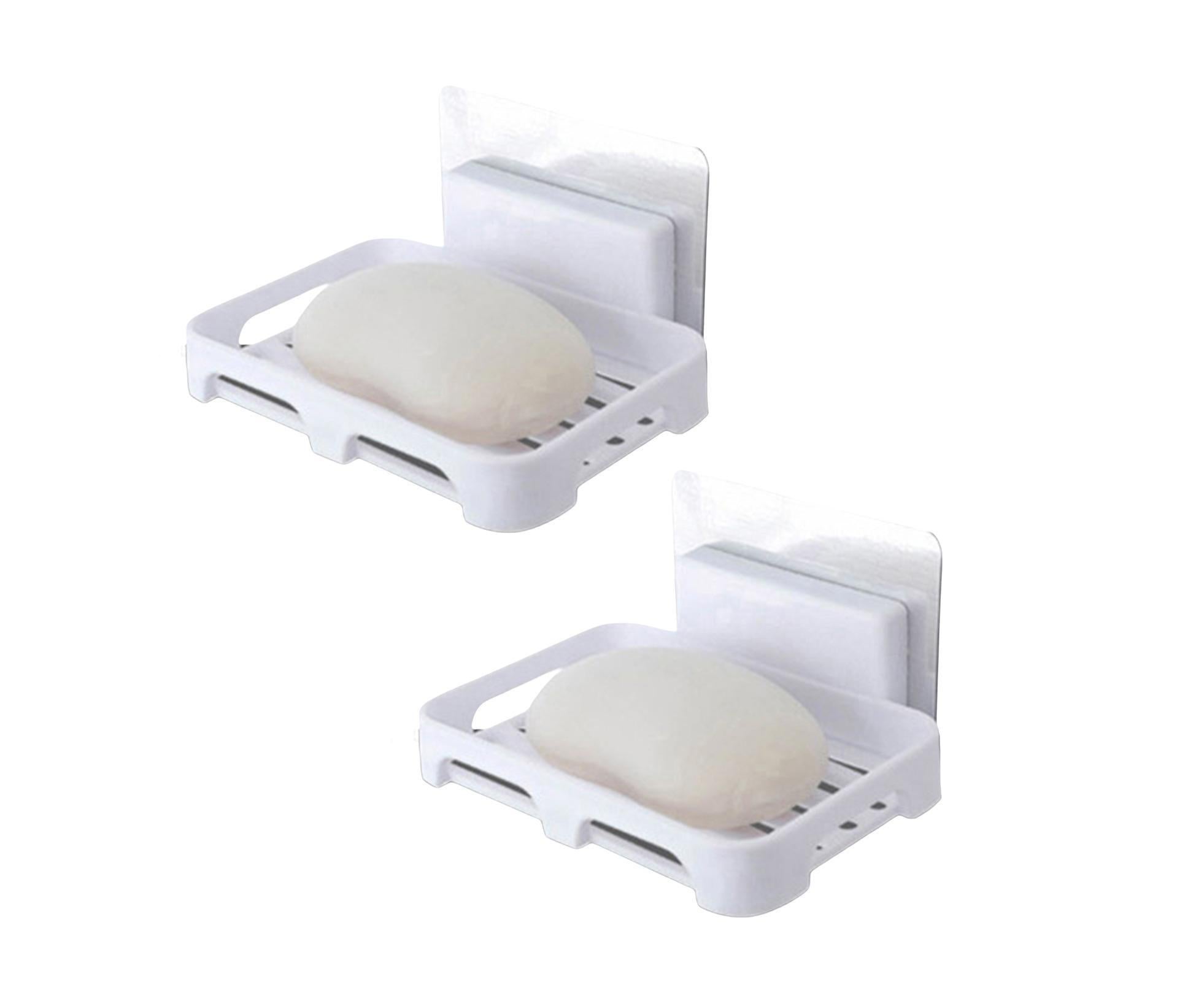 2Pcs/Set Soap Box No Drilling Easy to Install Ventilated Drained Wall Mounted Shower Soap Holder for Bathroom-White