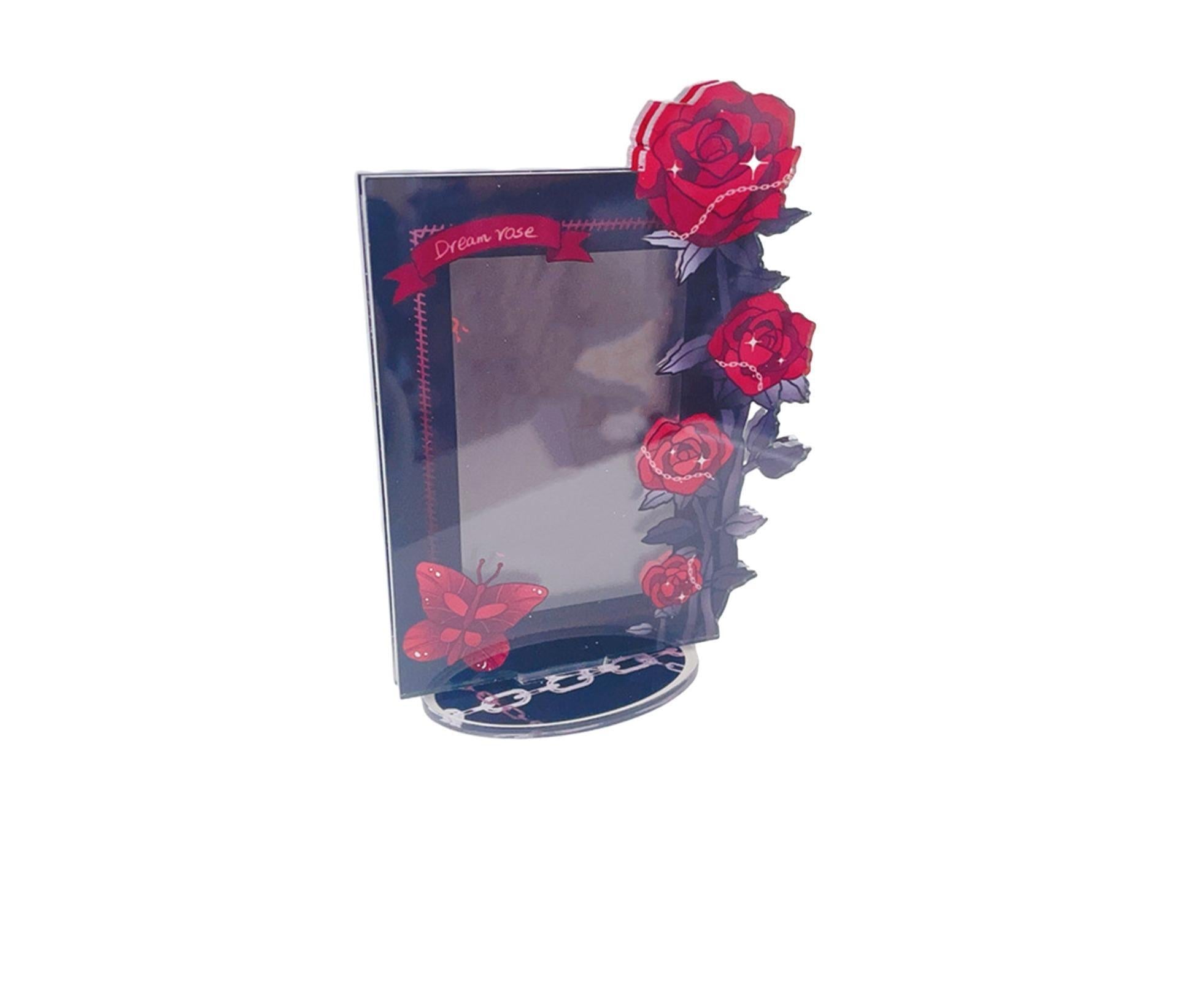 Acrylic Photocard Holder Rose Lily Flower Theme Heavy Duty Standing Mini Photo Stand Picture Display Frame Table Decoration - Red