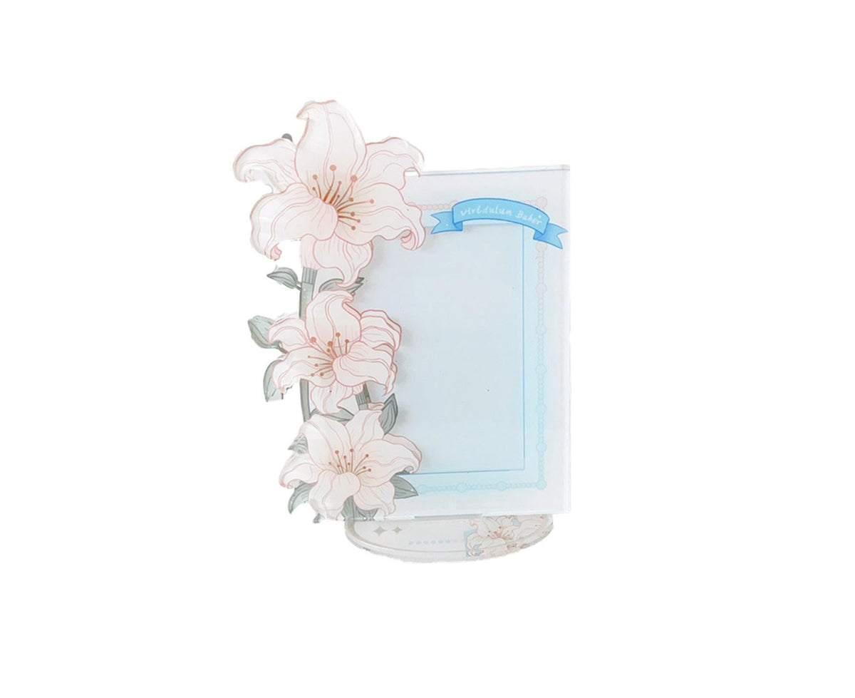 Acrylic Photocard Holder Rose Lily Flower Theme Heavy Duty Standing Mini Photo Stand Picture Display Frame Table Decoration - Blue