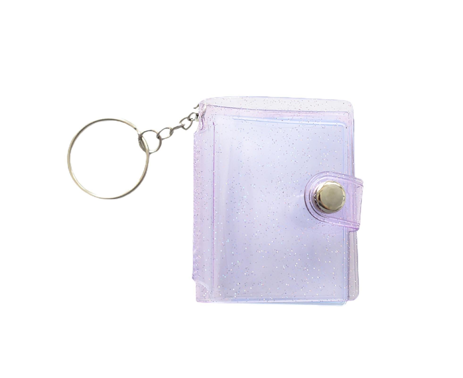 Mini Photo Album Flip Page Sequins Transparent Snap Hanging Ring 16 Pockets Card Photo Holder Memory Gift - Purple