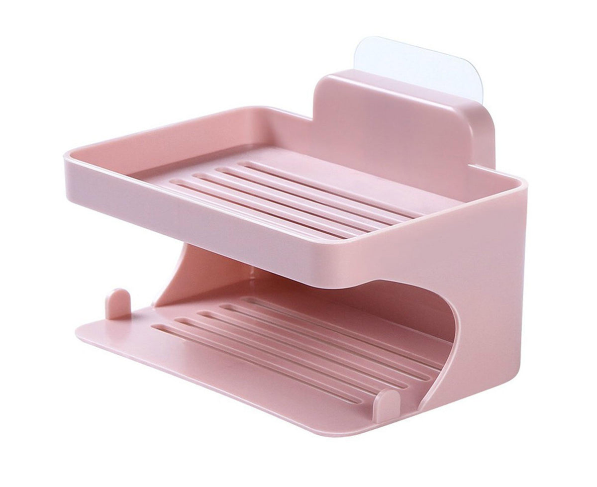 Soap Holder Double Deck Wall Mount No Punching Trace Free Non-slip Storage ABS Self Draining Soap Rack Bathroom Supplies-Pink