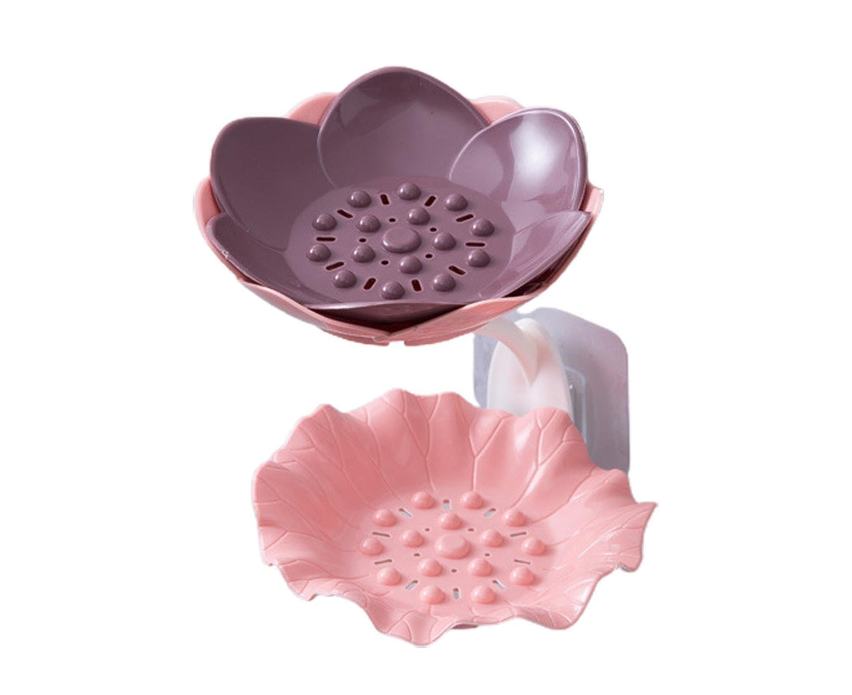 Soap Holder Quick Drainage Self Adhesive Plastic Cute Flower Shape Punch-free Soap Box for Bathroom-Pink