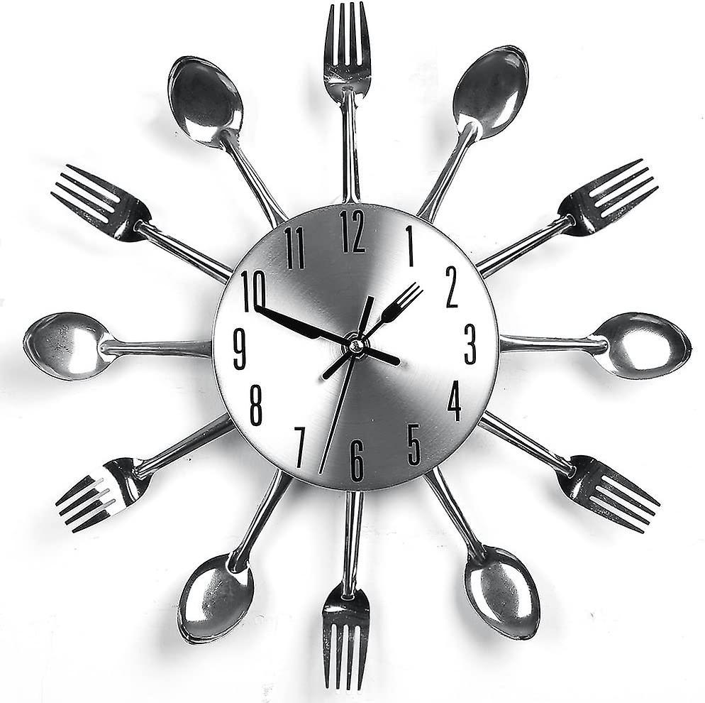 Stainless Steel Kitchen Utensils Clock For Kitchen  Indoor And Outdoor Kitchen Cutlery Silver Wall Clock With Tinted Forks Spoons Spatula