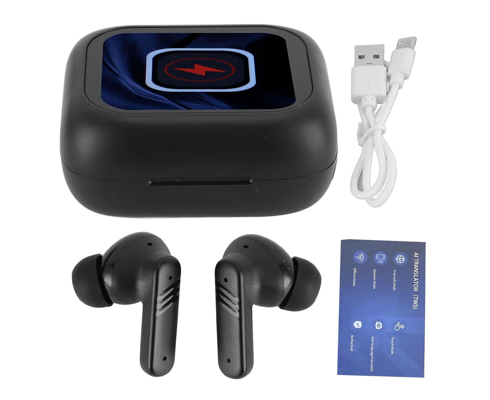 Language Translator Earbuds IPX5 Water Proof Noise Cancellation Multifunctional Device Earphone Black