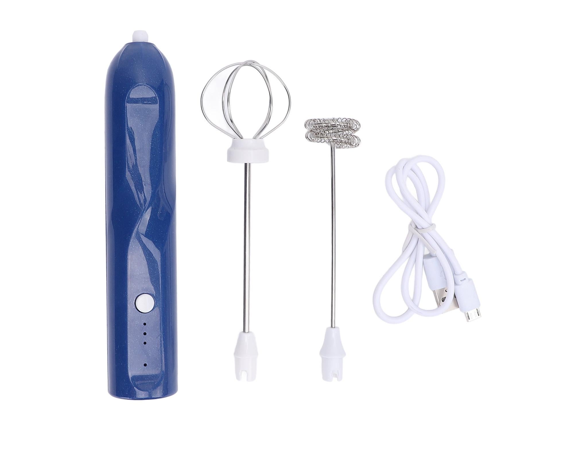 Rechargeable Milk Frother, Handheld Wand with 2 Whisk Attachments, Electric Drink Mixer & Foamer for Coffee & Egg, Blue