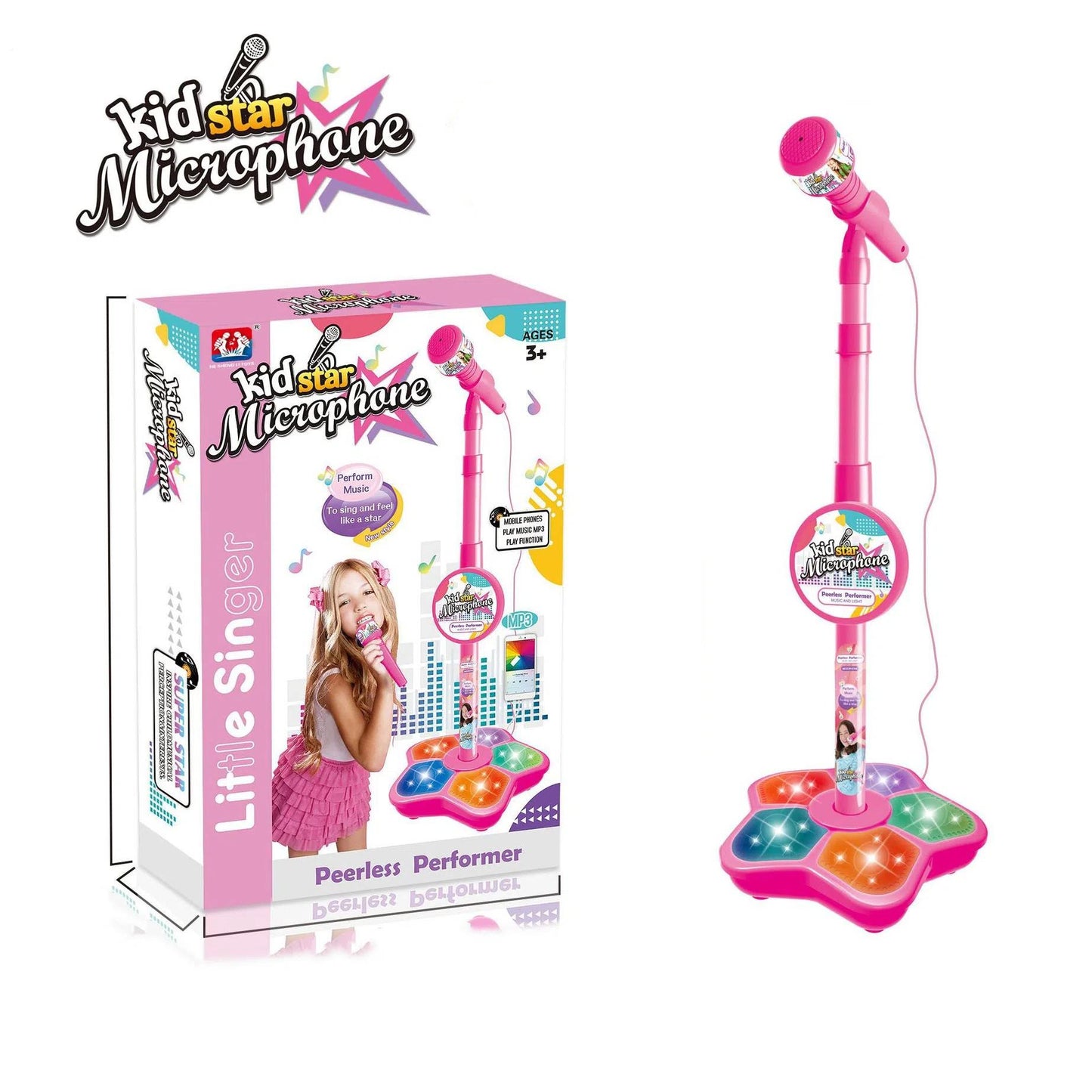 Babies Microphone with Stand, Singing Toys for Girls and Boys with Music and Light, Adjustable Standing Babies Karaoke Machine with Light - Pink